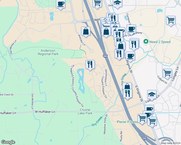 map of restaurants, bars, coffee shops, grocery stores, and more near 7248 Blue Falls Circle in Reno