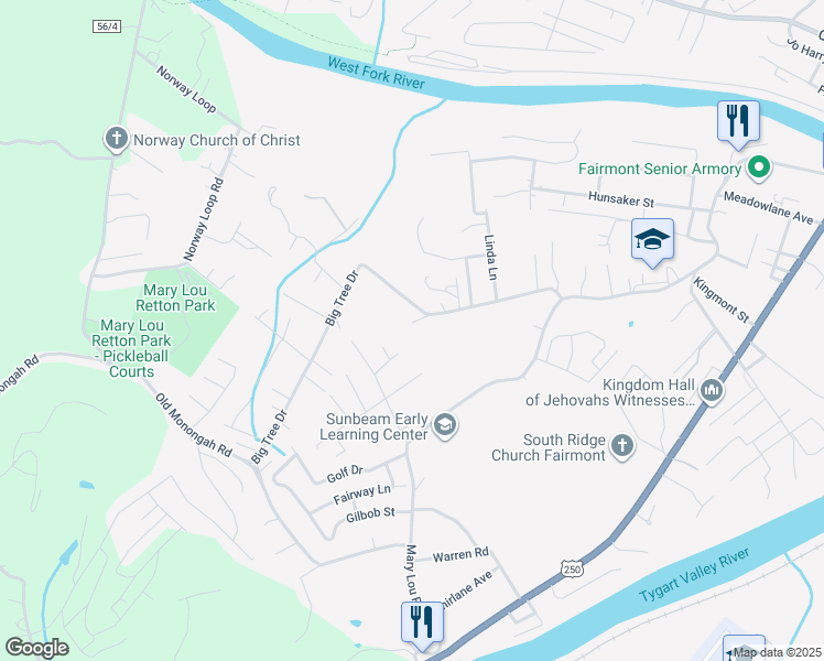 map of restaurants, bars, coffee shops, grocery stores, and more near 1629 Big Tree Drive in Fairmont
