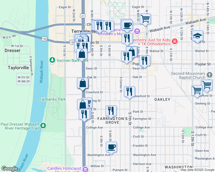 map of restaurants, bars, coffee shops, grocery stores, and more near 532 South 5th Street in Terre Haute
