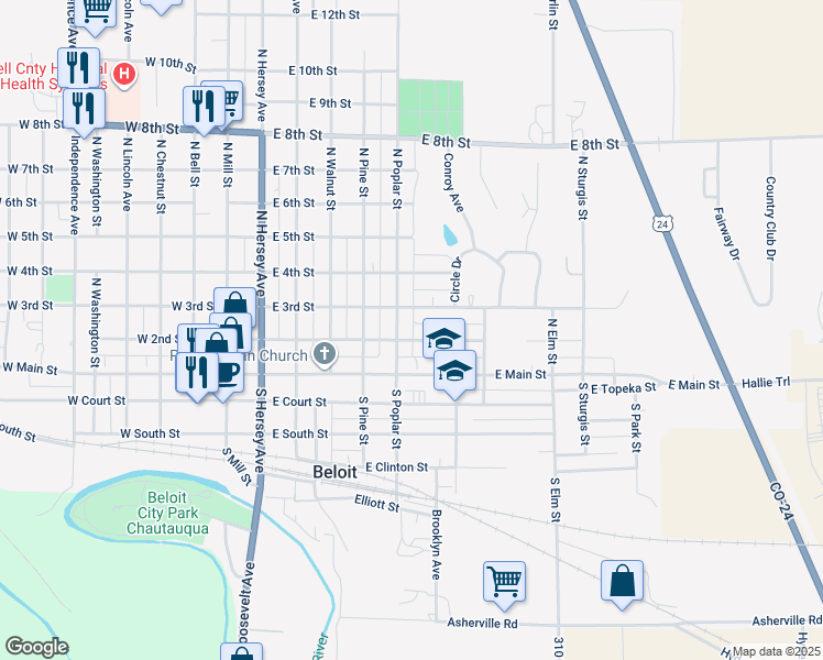 map of restaurants, bars, coffee shops, grocery stores, and more near 601-799 East 2nd Street in Beloit