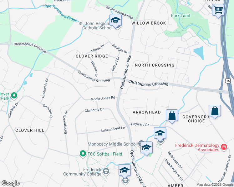 map of restaurants, bars, coffee shops, grocery stores, and more near 8204 Opossumtown Pike in Frederick