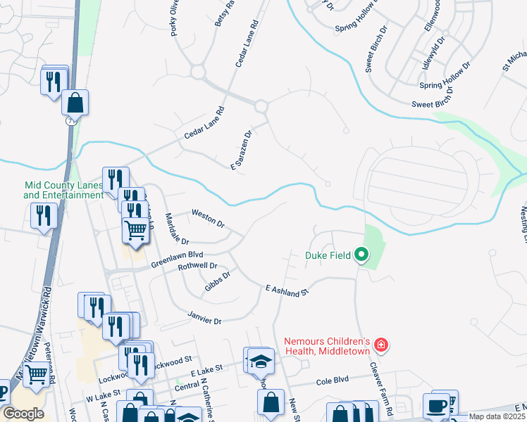 map of restaurants, bars, coffee shops, grocery stores, and more near 13 Brady Circle in Middletown