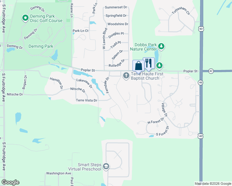 map of restaurants, bars, coffee shops, grocery stores, and more near 57 Mayflower Drive in Terre Haute