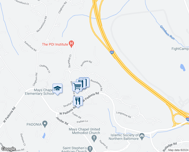 map of restaurants, bars, coffee shops, grocery stores, and more near 12204 Burncourt Road in Lutherville-Timonium