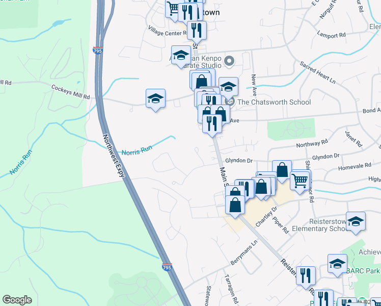 map of restaurants, bars, coffee shops, grocery stores, and more near 318 Lauren Hill Court in Reisterstown