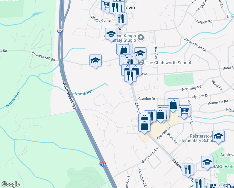 map of restaurants, bars, coffee shops, grocery stores, and more near 334 Lauren Hill Court in Reisterstown