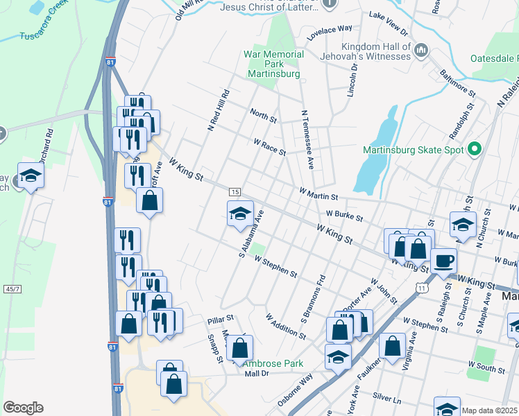 map of restaurants, bars, coffee shops, grocery stores, and more near 1301 West King Street in Martinsburg