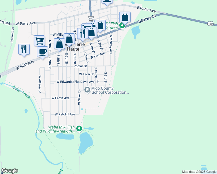 map of restaurants, bars, coffee shops, grocery stores, and more near 501-599 South 3rd Street in West Terre Haute