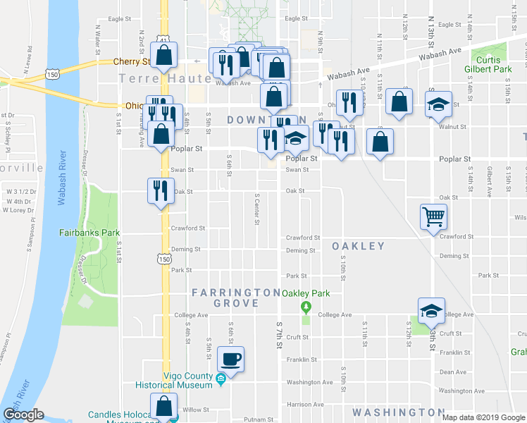 map of restaurants, bars, coffee shops, grocery stores, and more near 600 South Center Street in Terre Haute