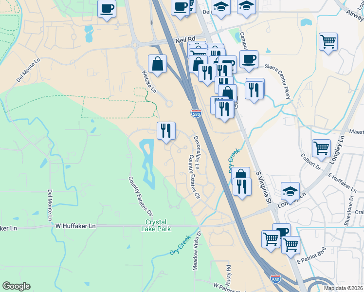 map of restaurants, bars, coffee shops, grocery stores, and more near 825 Blue Falls Place in Reno