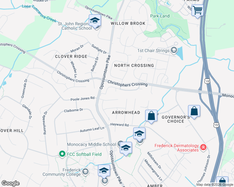 map of restaurants, bars, coffee shops, grocery stores, and more near 1900 Whetstone Court in Frederick