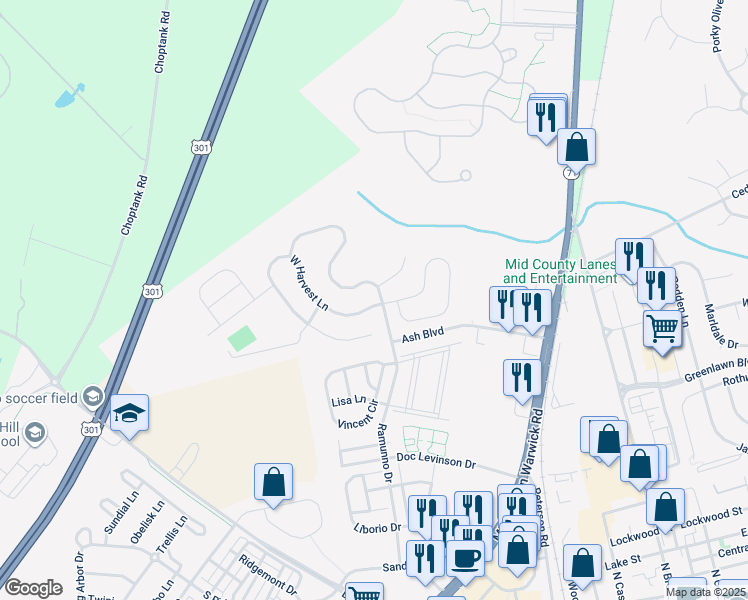 map of restaurants, bars, coffee shops, grocery stores, and more near 400 West Harvest Lane in Middletown