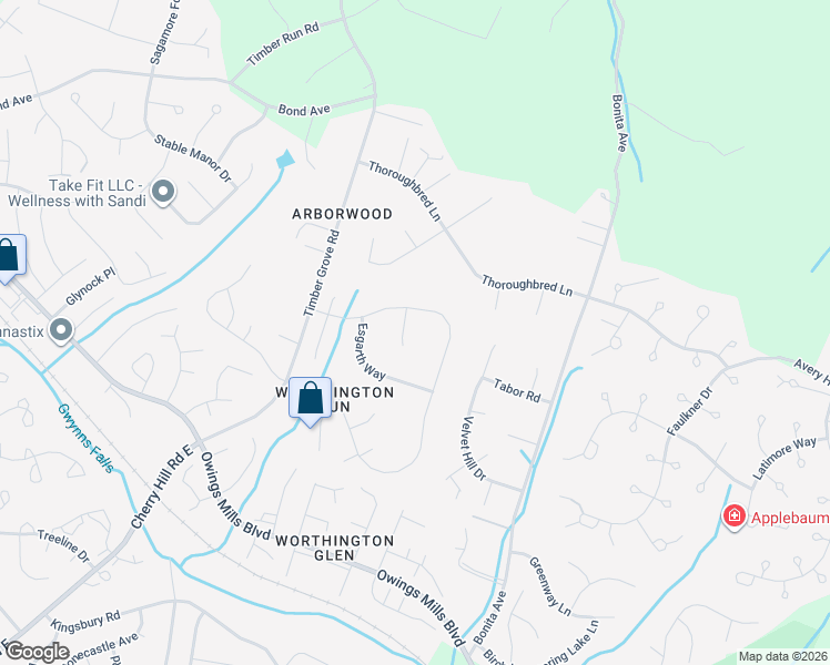 map of restaurants, bars, coffee shops, grocery stores, and more near 5 5 Oaks Court in Owings Mills