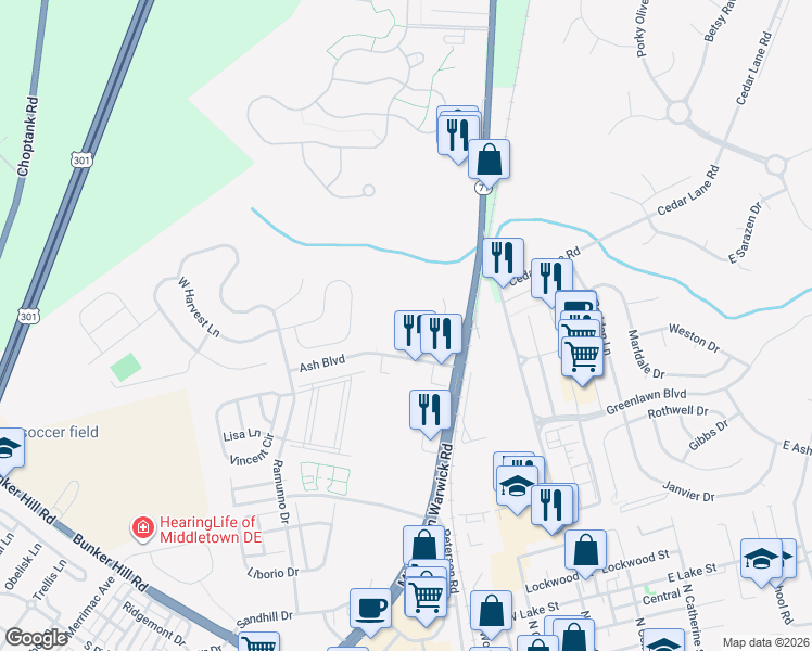 map of restaurants, bars, coffee shops, grocery stores, and more near 114 Foxtail Lane in Middletown