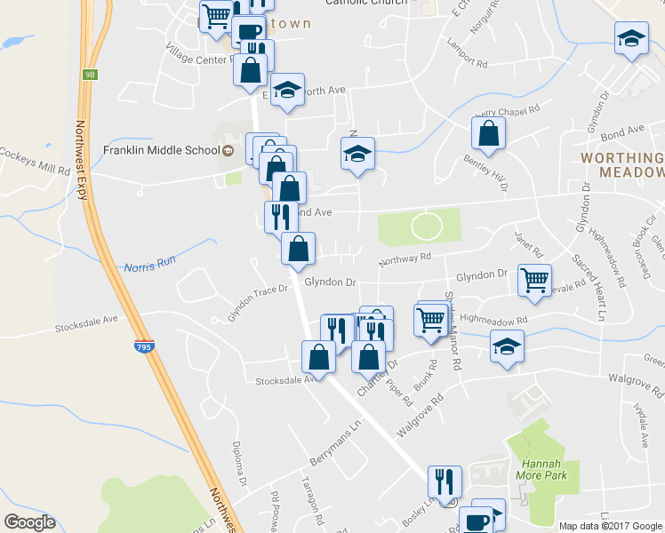 map of restaurants, bars, coffee shops, grocery stores, and more near 8 Lucy Court in Reisterstown