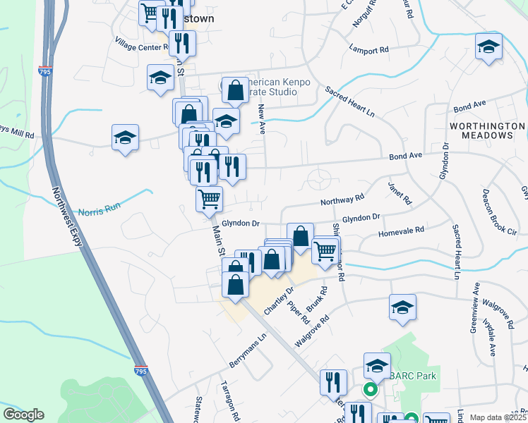 map of restaurants, bars, coffee shops, grocery stores, and more near 7 Johnsborough Way in Reisterstown