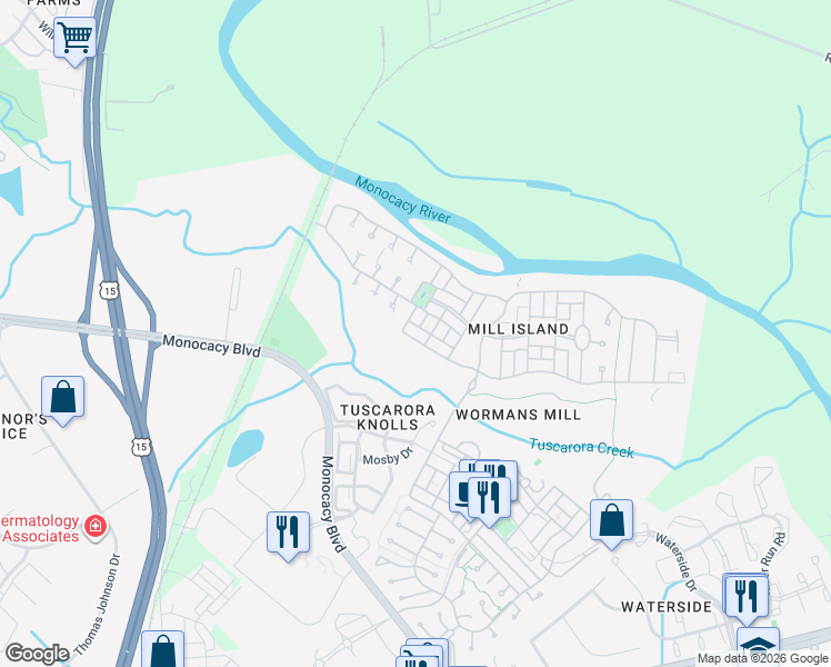 map of restaurants, bars, coffee shops, grocery stores, and more near 2630 Mill Race Road in Frederick
