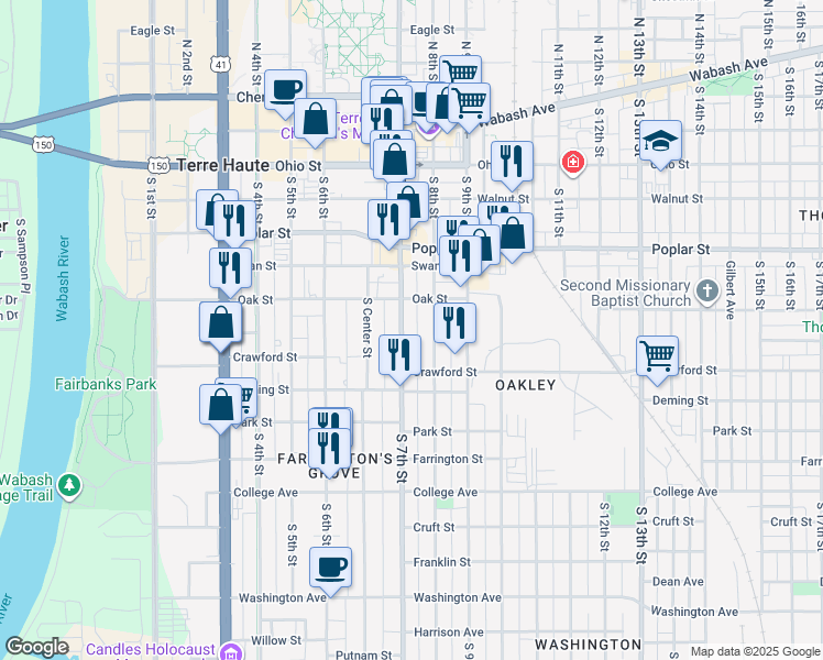 map of restaurants, bars, coffee shops, grocery stores, and more near 526 South 7th Street in Terre Haute