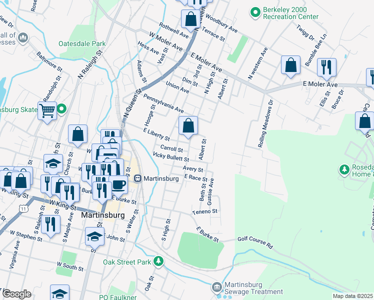 map of restaurants, bars, coffee shops, grocery stores, and more near 412 North High Street in Martinsburg