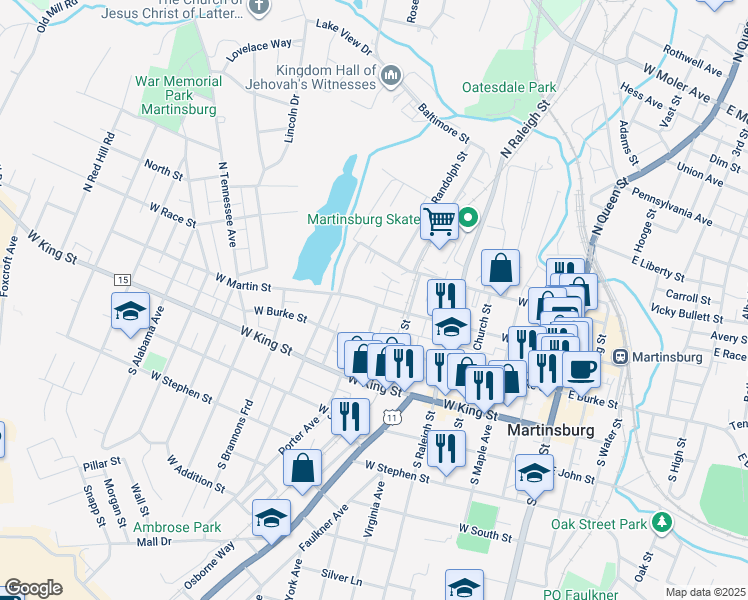 map of restaurants, bars, coffee shops, grocery stores, and more near 644 West Martin Street in Martinsburg