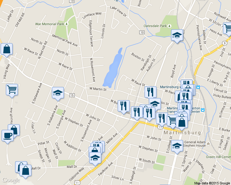 map of restaurants, bars, coffee shops, grocery stores, and more near 121 N Kentucky Ave in Martinsburg