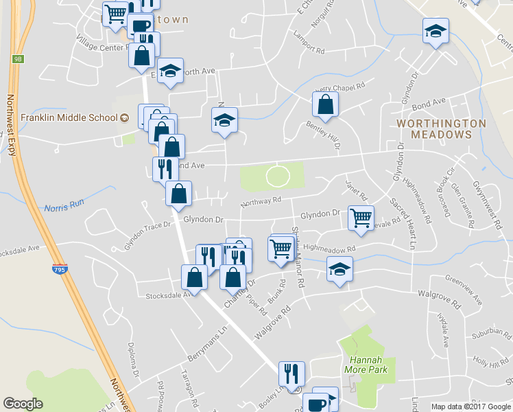 map of restaurants, bars, coffee shops, grocery stores, and more near 113 Northway Road in Reisterstown