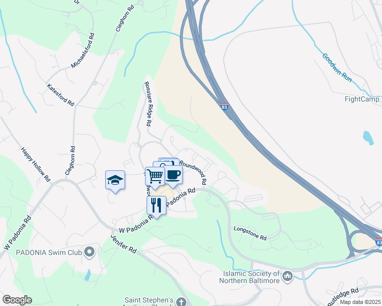 map of restaurants, bars, coffee shops, grocery stores, and more near 12204 Burncourt Road in Lutherville-Timonium