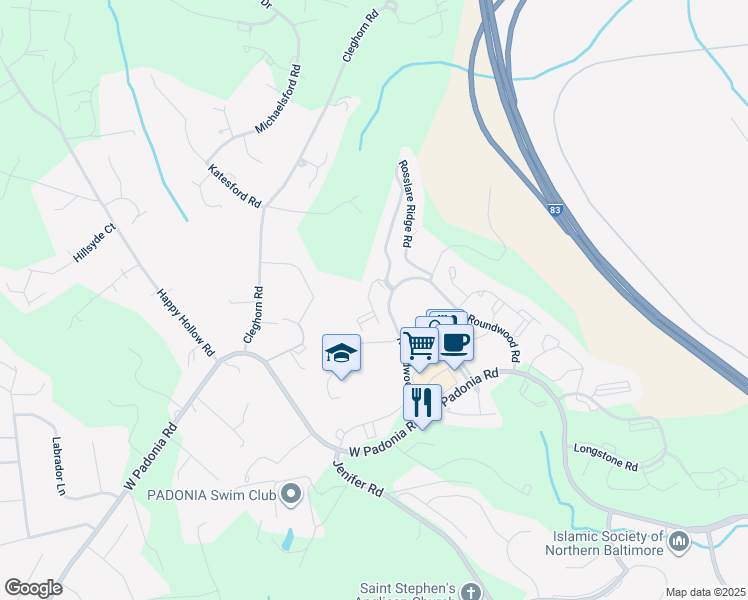 map of restaurants, bars, coffee shops, grocery stores, and more near 609 Dunloy Court in Timonium