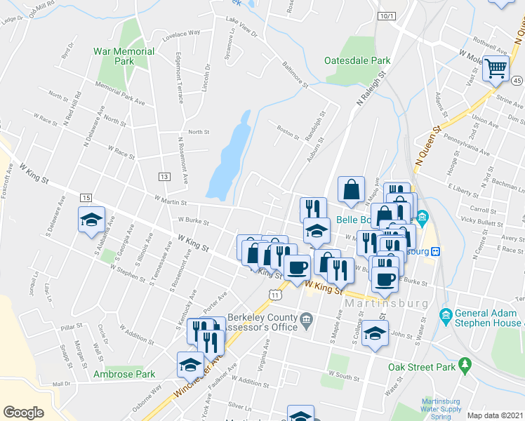 map of restaurants, bars, coffee shops, grocery stores, and more near 644 West Martin Street in Martinsburg
