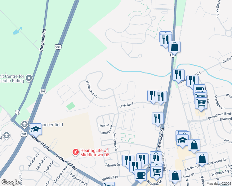 map of restaurants, bars, coffee shops, grocery stores, and more near 300 East Harvest Lane in Middletown