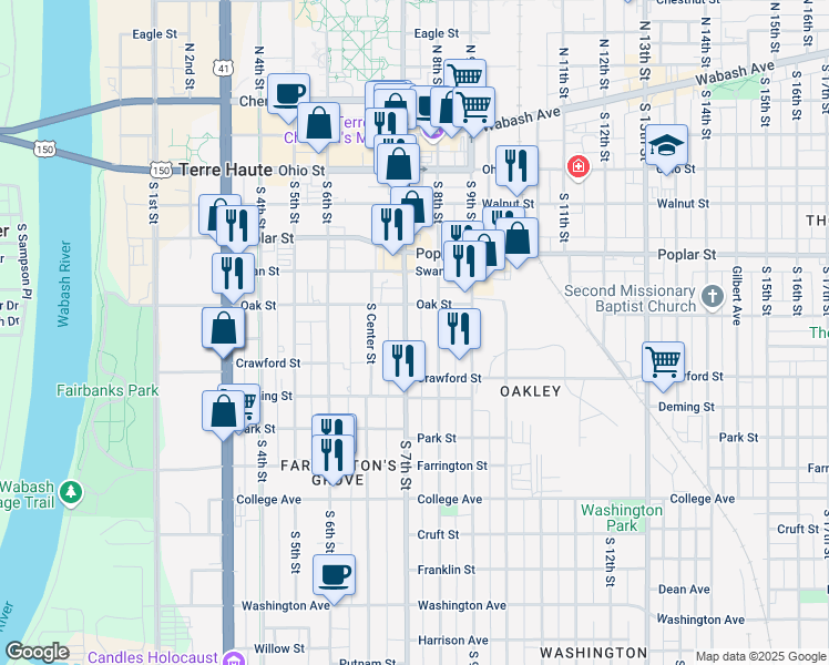 map of restaurants, bars, coffee shops, grocery stores, and more near 526 South 7th Street in Terre Haute