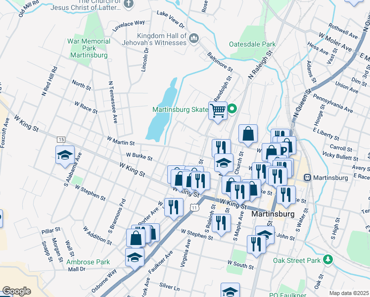 map of restaurants, bars, coffee shops, grocery stores, and more near 648 West Martin Street in Martinsburg