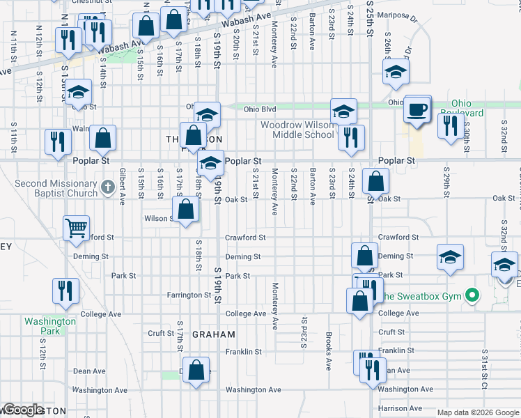 map of restaurants, bars, coffee shops, grocery stores, and more near 514 South 21st Street in Terre Haute