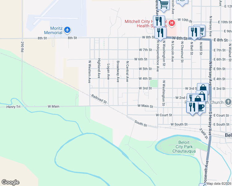map of restaurants, bars, coffee shops, grocery stores, and more near 152-298 Logan Avenue in Beloit