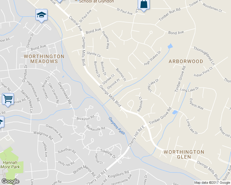 map of restaurants, bars, coffee shops, grocery stores, and more near 17 Craftsman Court in Reisterstown