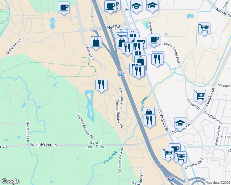 map of restaurants, bars, coffee shops, grocery stores, and more near 825 Blue Falls Place in Reno