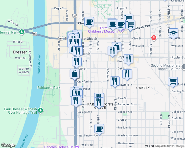 map of restaurants, bars, coffee shops, grocery stores, and more near 532 South 5th Street in Terre Haute