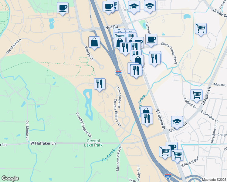 map of restaurants, bars, coffee shops, grocery stores, and more near 825 Blue Falls Place in Reno