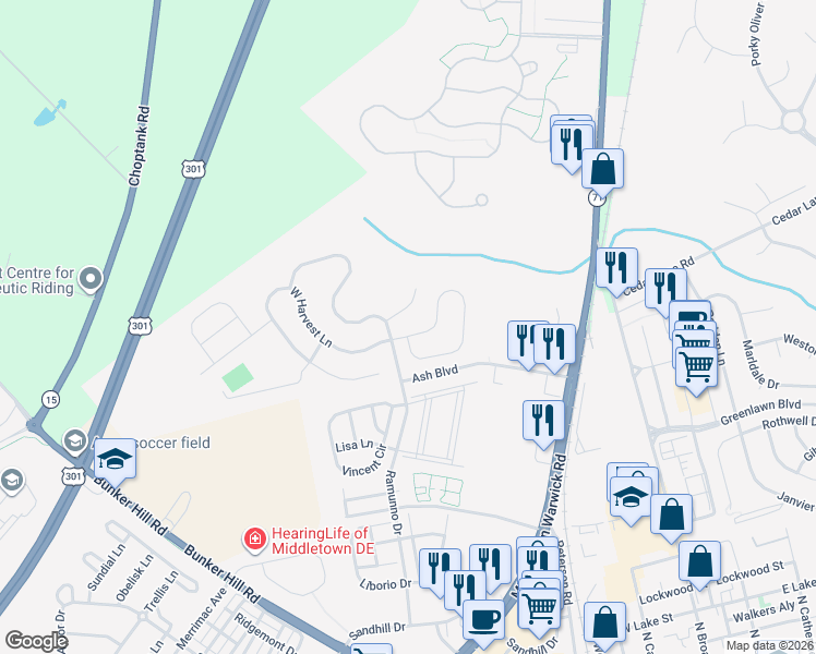 map of restaurants, bars, coffee shops, grocery stores, and more near 300 East Harvest Lane in Middletown
