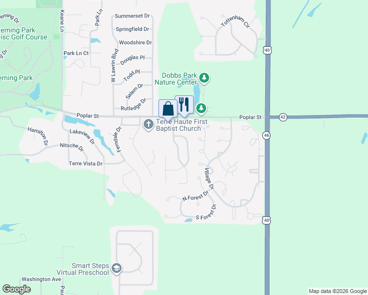 map of restaurants, bars, coffee shops, grocery stores, and more near 486 South Dobbs Glen Street in Terre Haute