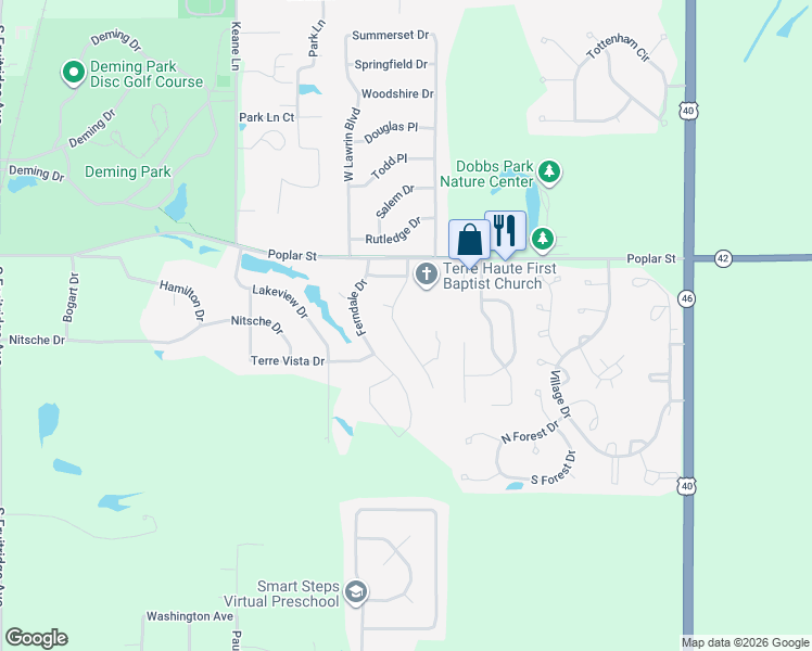 map of restaurants, bars, coffee shops, grocery stores, and more near 99 Mayflower Drive in Terre Haute