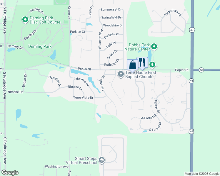 map of restaurants, bars, coffee shops, grocery stores, and more near 57 Mayflower Drive in Terre Haute
