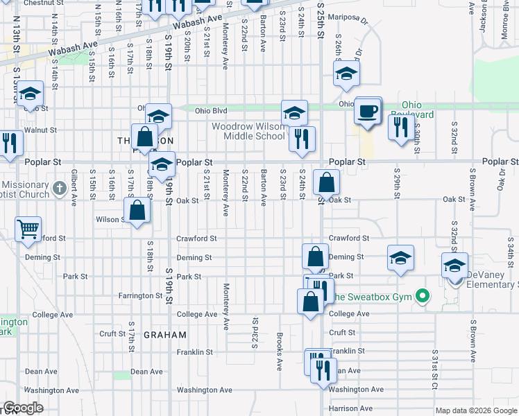 map of restaurants, bars, coffee shops, grocery stores, and more near 501-699 Barton Ave in Terre Haute