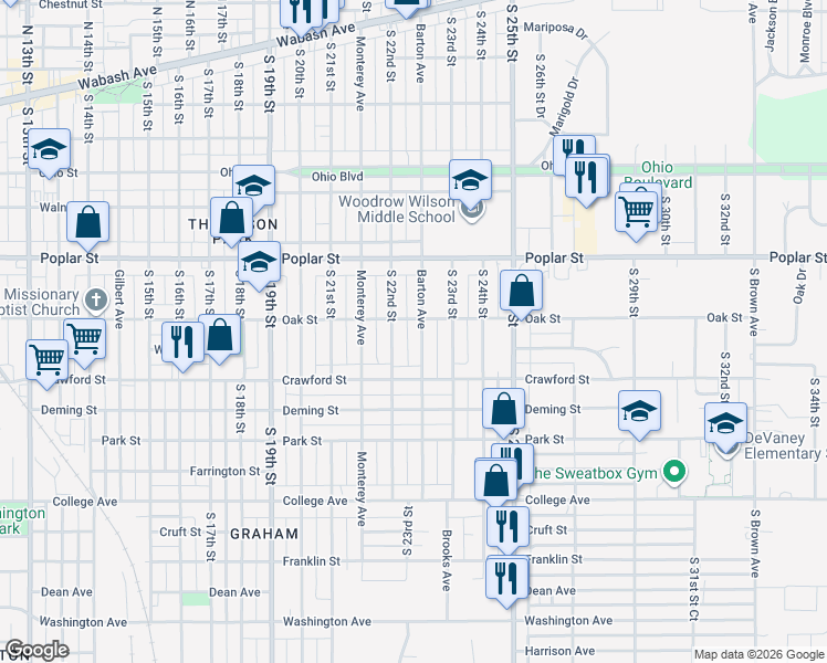 map of restaurants, bars, coffee shops, grocery stores, and more near 501-699 Barton Ave in Terre Haute