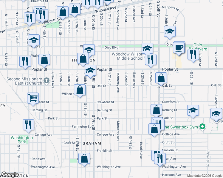 map of restaurants, bars, coffee shops, grocery stores, and more near 514 South 21st Street in Terre Haute