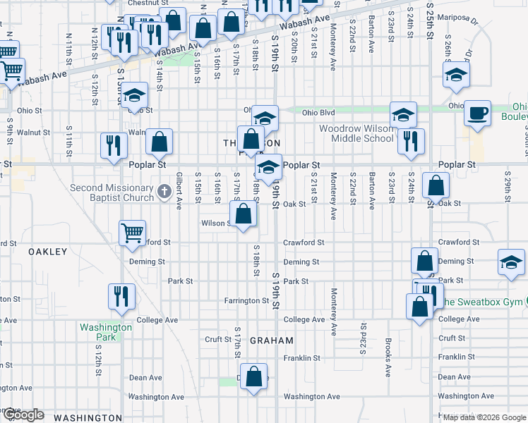 map of restaurants, bars, coffee shops, grocery stores, and more near 521 South 19th Street in Terre Haute