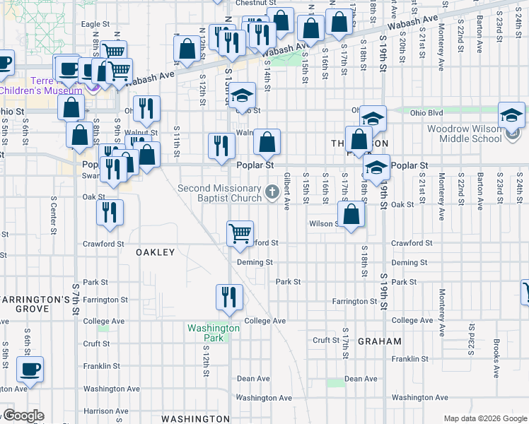 map of restaurants, bars, coffee shops, grocery stores, and more near 520 South 13th and 1 Half Street in Terre Haute