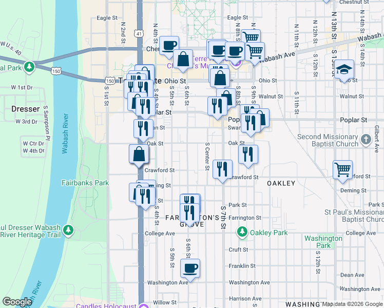 map of restaurants, bars, coffee shops, grocery stores, and more near 524 South 6th Street in Terre Haute