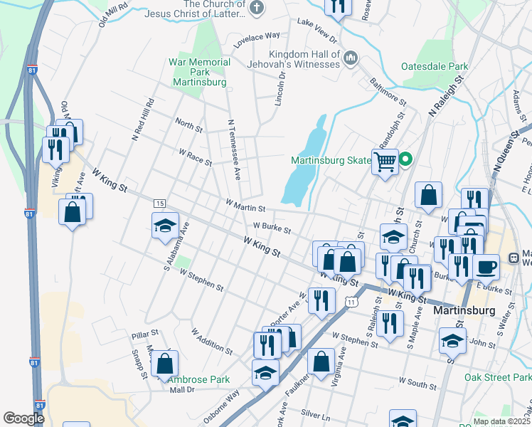 map of restaurants, bars, coffee shops, grocery stores, and more near 907 West Martin Street in Martinsburg