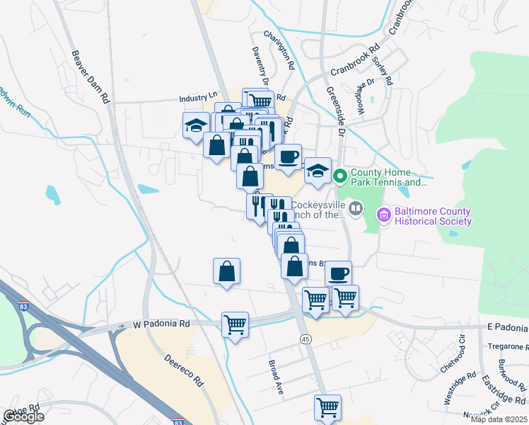 map of restaurants, bars, coffee shops, grocery stores, and more near 9864 York Road in Cockeysville